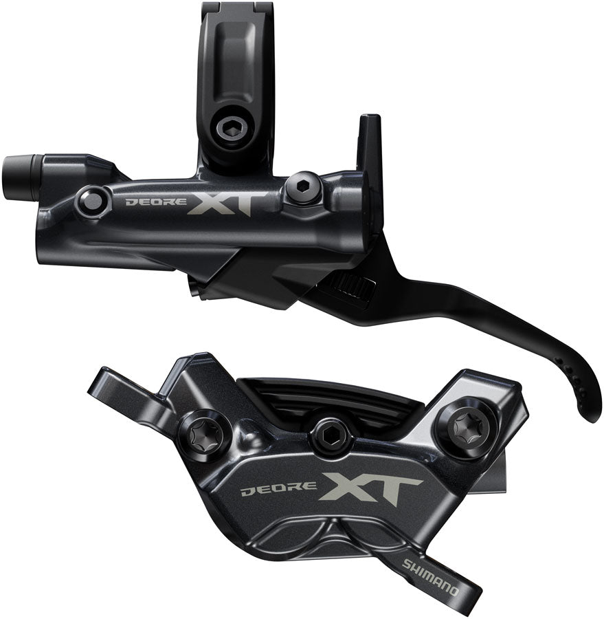 Freno de disco Shimano Deore XT BR-M8220 BL-M8200 Maneta (izquierda/delantera) Montaje en poste Pinza de 4 pistones SM-BH90-SBM Aleta de manguera Pastillas metálicas NEGRO
