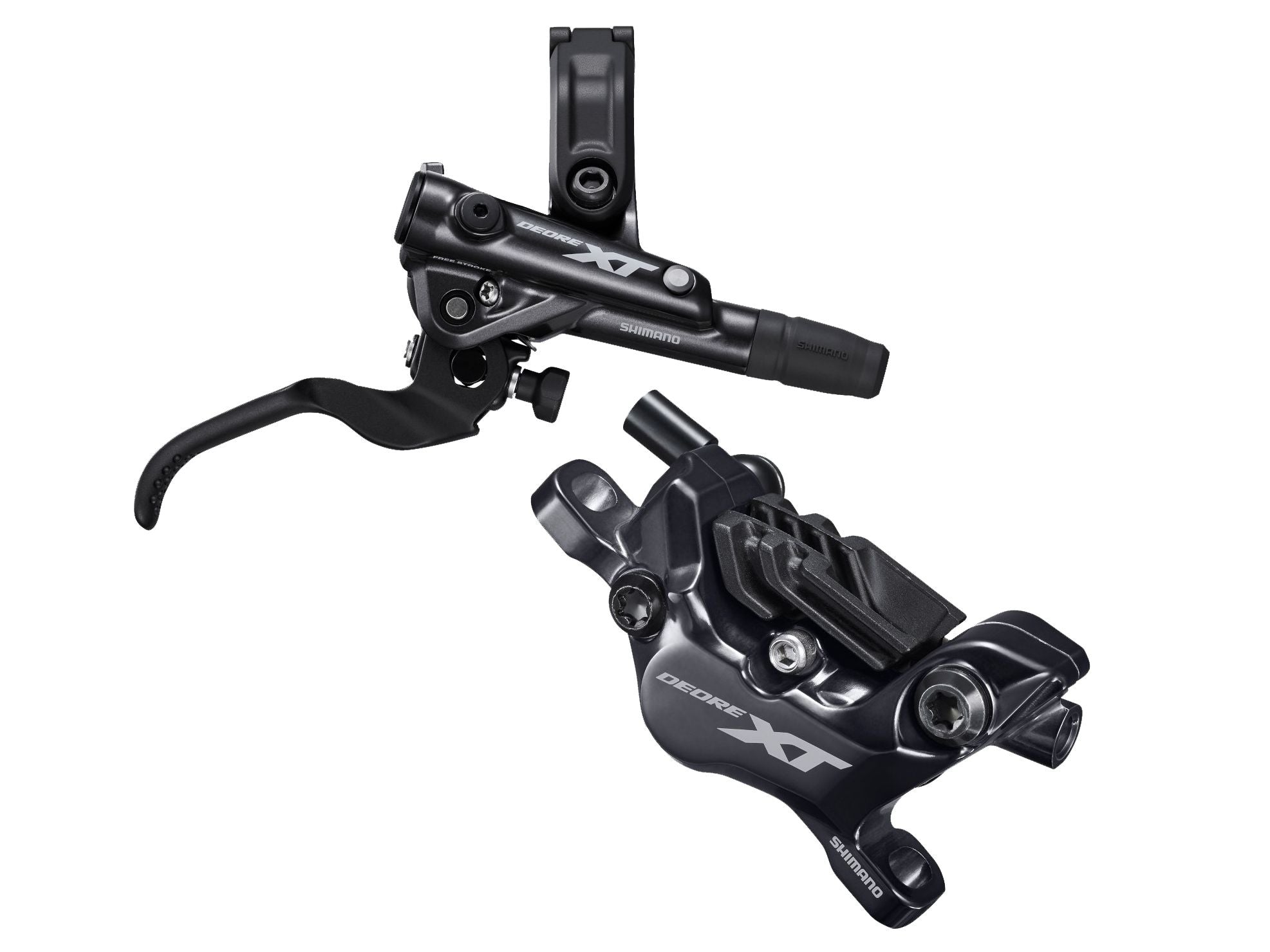 Maneta de freno de disco Shimano Deore XT BL-M8100/BR-M8120 (trasera), montaje en poste hidráulico, pastillas con aletas de 4 pistones, abrazadera I-SPEC EV, color negro