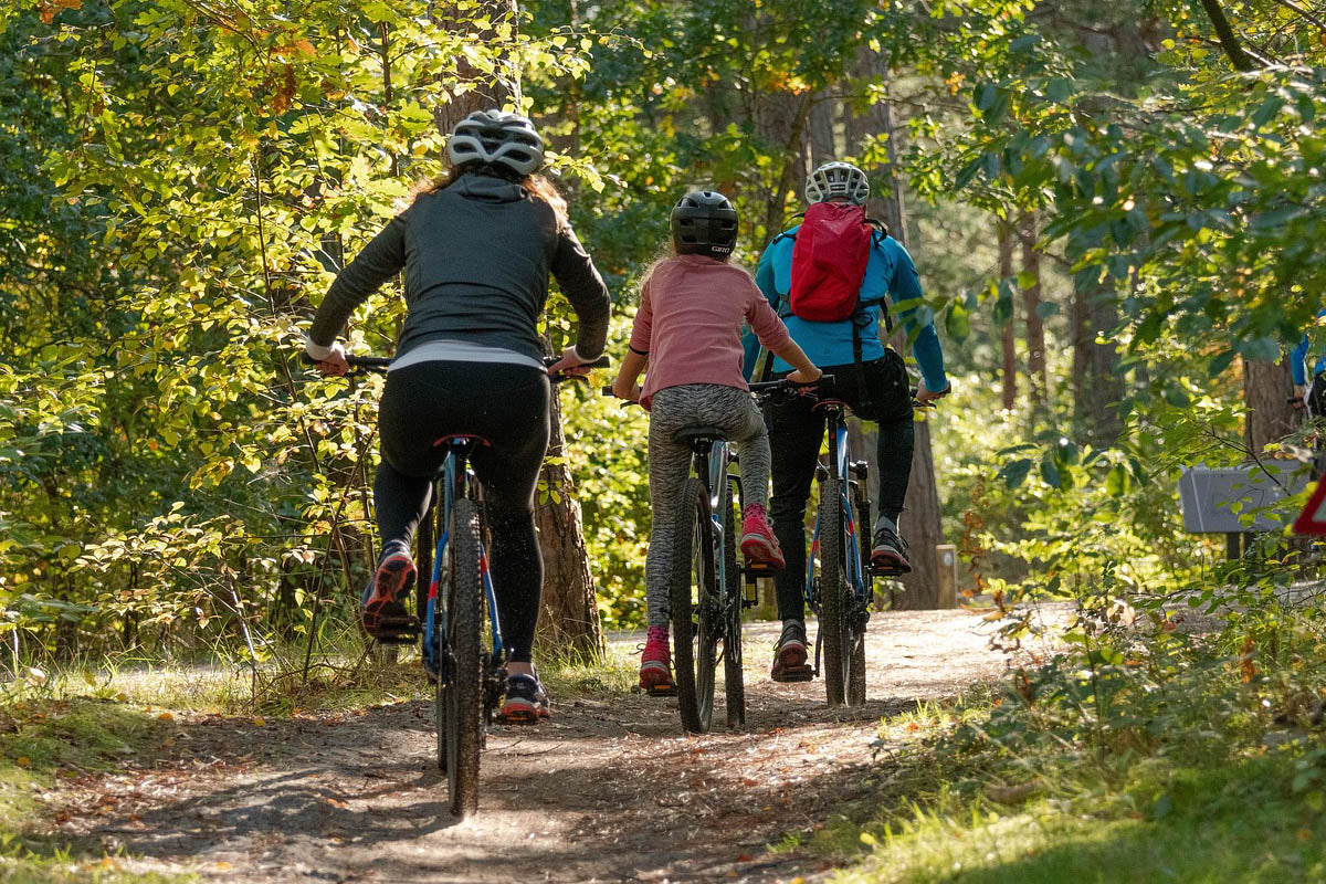 Parent and child mountain biking together on a trail