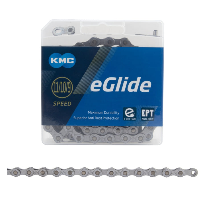 Cadena KMC eGlide EPT - 9/10/11 velocidades, 132 L, transmisión Shimano CUES optimizada, color plata