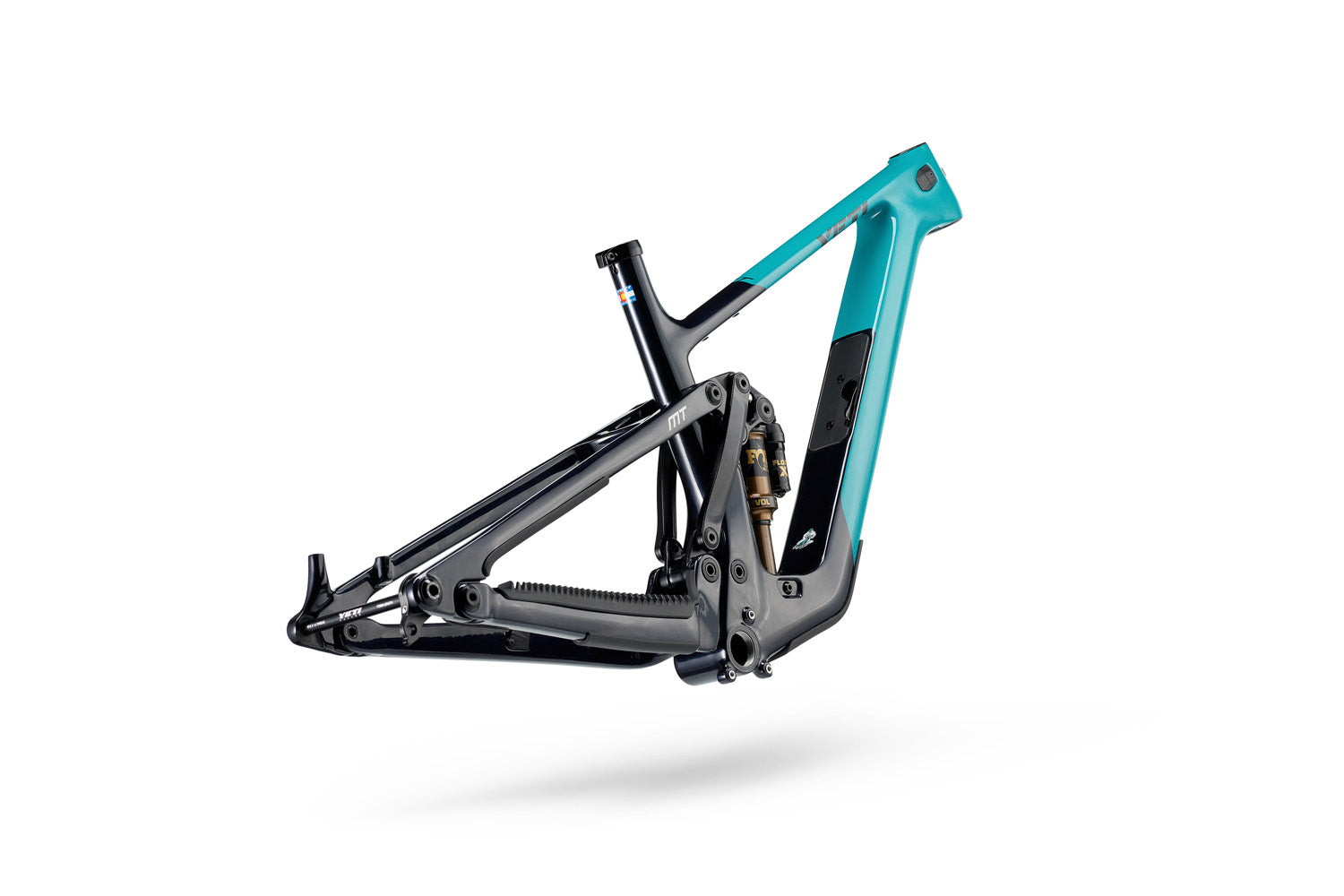 Rear angle view of the turquoise colorway frame