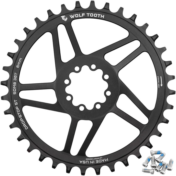 Wolf Tooth Direct Mount Chainring - 36t SRAM 8-Bolt Direct Mount 6mm Offset Drop-Stop ST Requires 12-Speed HG+ Chain Black