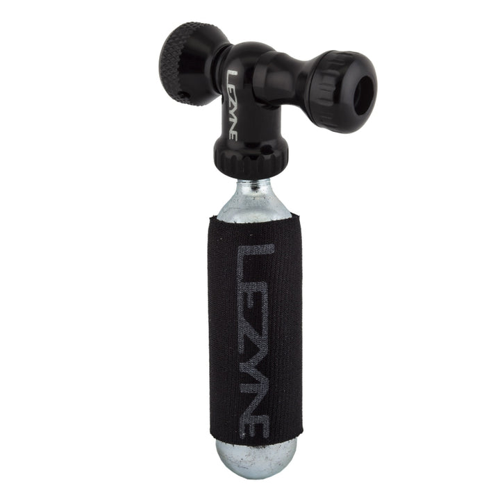Inflador Lezyne Control Drive C0-2, de ajuste deslizante, Shcrader/Presta, incluye cartucho de 16 g, funda de neopreno negra