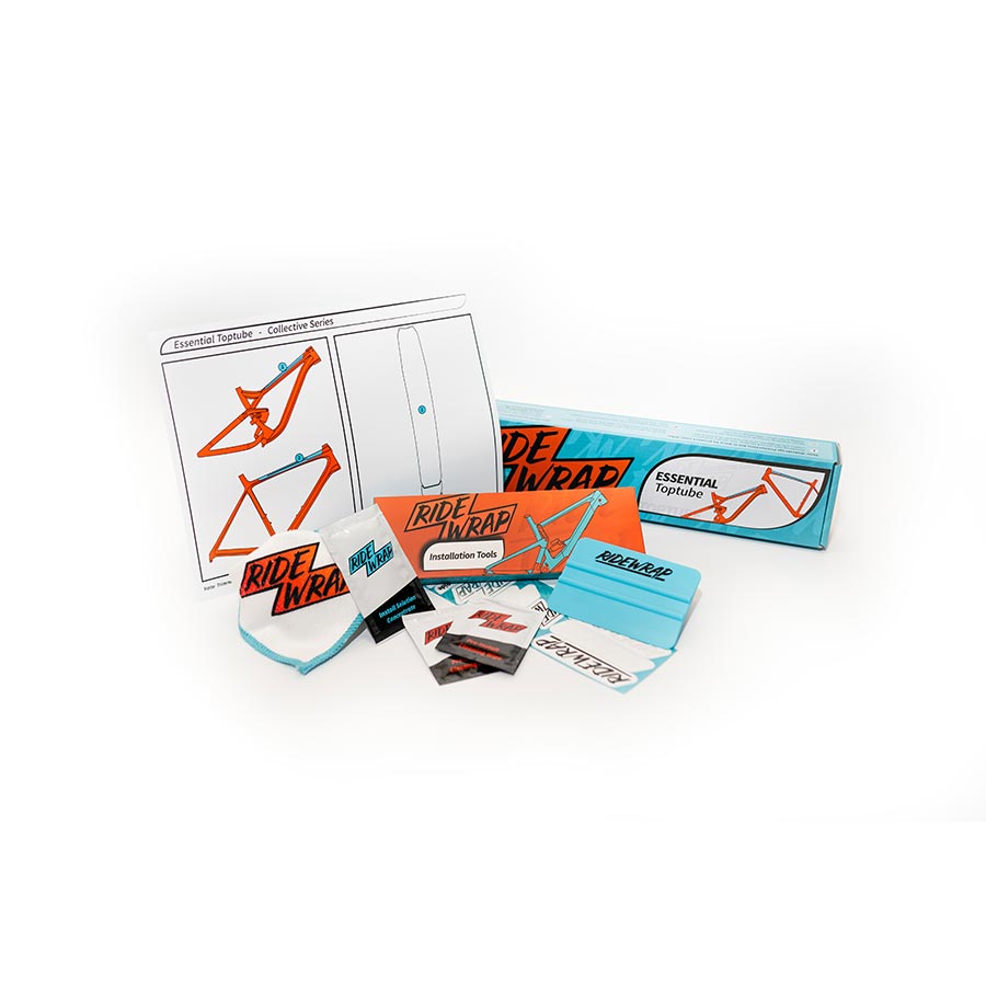 The image shows the RideWrap Essential Toptube Frame Protection Kit packaging and contents, including protection film, tools and instructions.