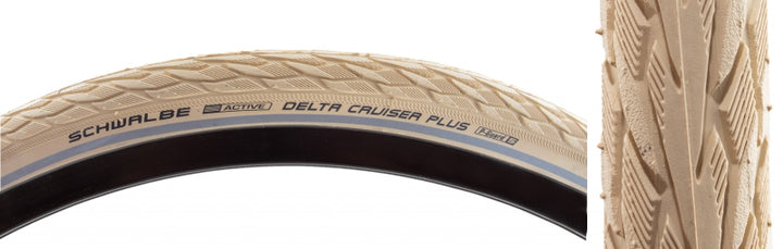 Neumático Schwalbe Delta Cruiser Plus - 700 x 35, cubierta de alambre, crema/reflectante, línea activa, punctureguard SBC