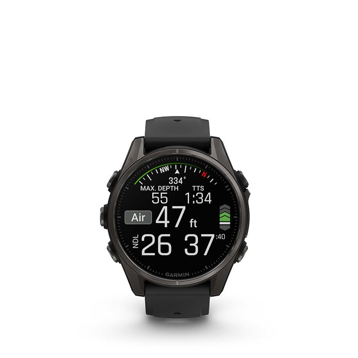 Reloj inteligente Garmin Fenix ​​8 de 43 mm con pantalla AMOLED de zafiro, gris carbono DLC, titanio negro/silicona gris guijarro