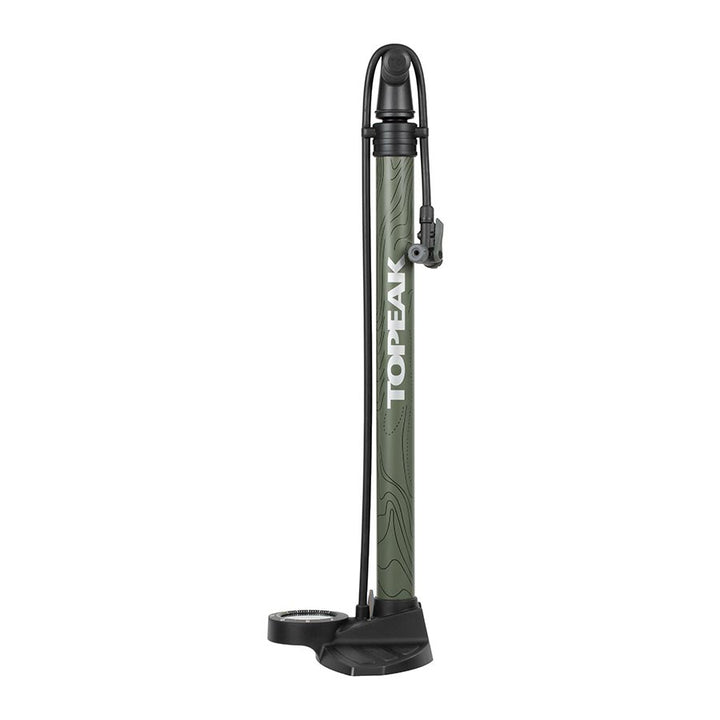 Bomba de piso Topeak Joeblow Mountain II - Barril de acero/Base de plástico, manómetro de 3,5", 60 psi/4 bar, doble cabezal