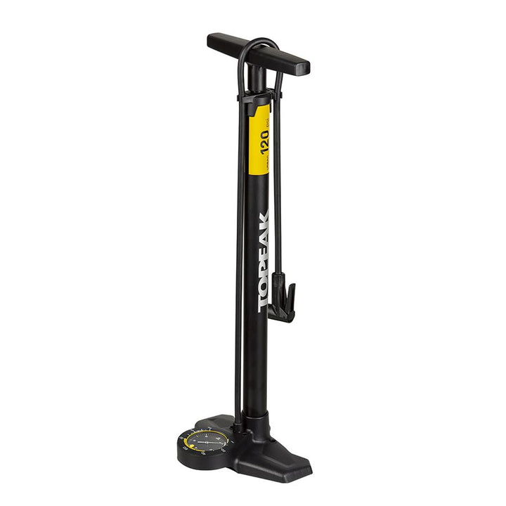 Bomba de pie Topeak Joeblow Urban Ex - Barril de acero/Base de plástico, 3,5" de montaje en base, manómetro, 120 psi/8 bar, Smarthead, negro/arena