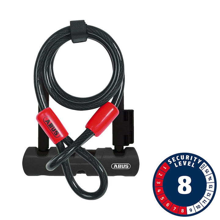Candado en U Abus Ultra 410 de 3,9 x 5,5 pulgadas con llave negra. Incluye cable Cobra.