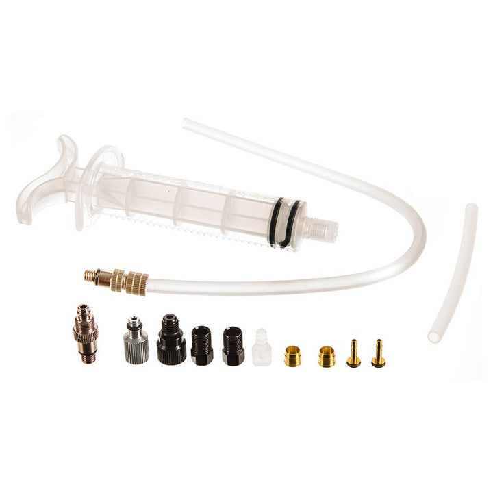 Kit de purga básico Tektro: incluye jeringa, tubo de plástico, retenedor de manguera, casquillos de compresión, insertos de latón y válvula de entrada/salida.