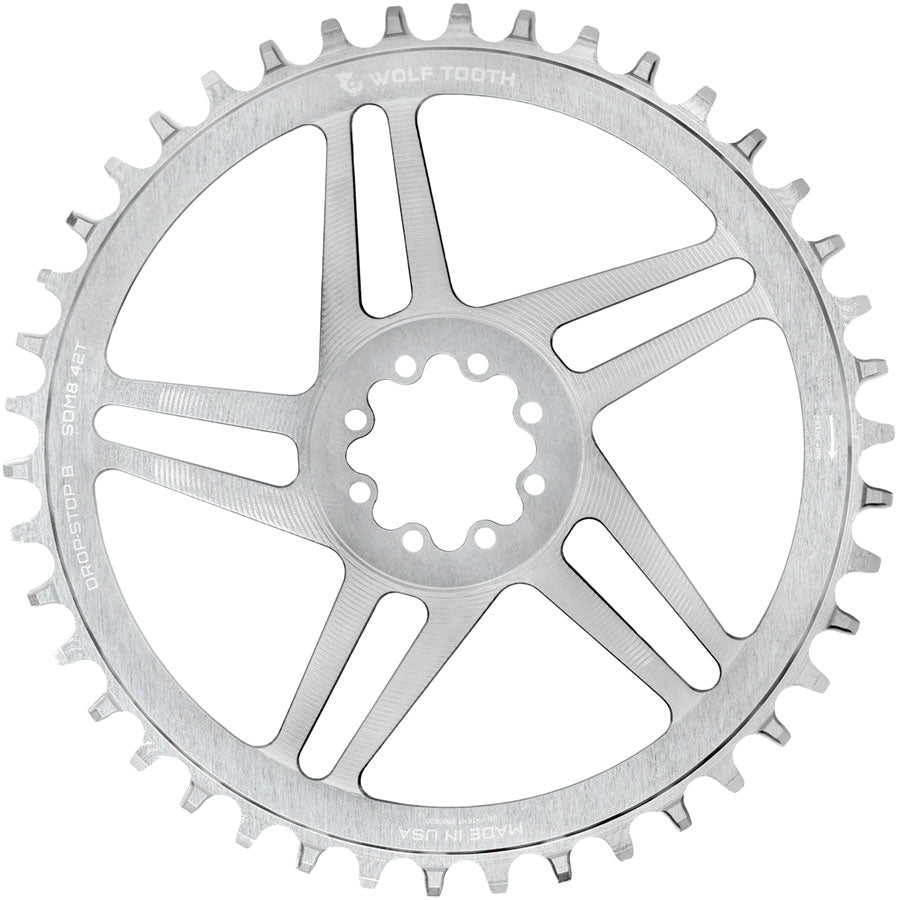 Wolf Tooth Direct Mount Chainring - 42t SRAM Direct Mount Drop-Stop B For SRAM 8-Bolt Cranksets 6mm Offset Raw Silver