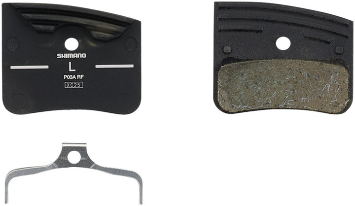 Pastillas de freno de disco Shimano P03A-RF con resortes, compuesto de resina, placa trasera de aluminio con aletas, un par