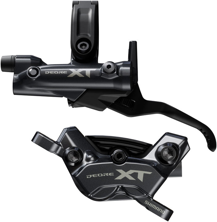 Freno de disco Shimano Deore XT BR-M8220 BL-M8200 Maneta (izquierda/delantera) Montaje en poste Pinza de 4 pistones SM-BH90-SBM Aleta de manguera Pastillas metálicas NEGRO