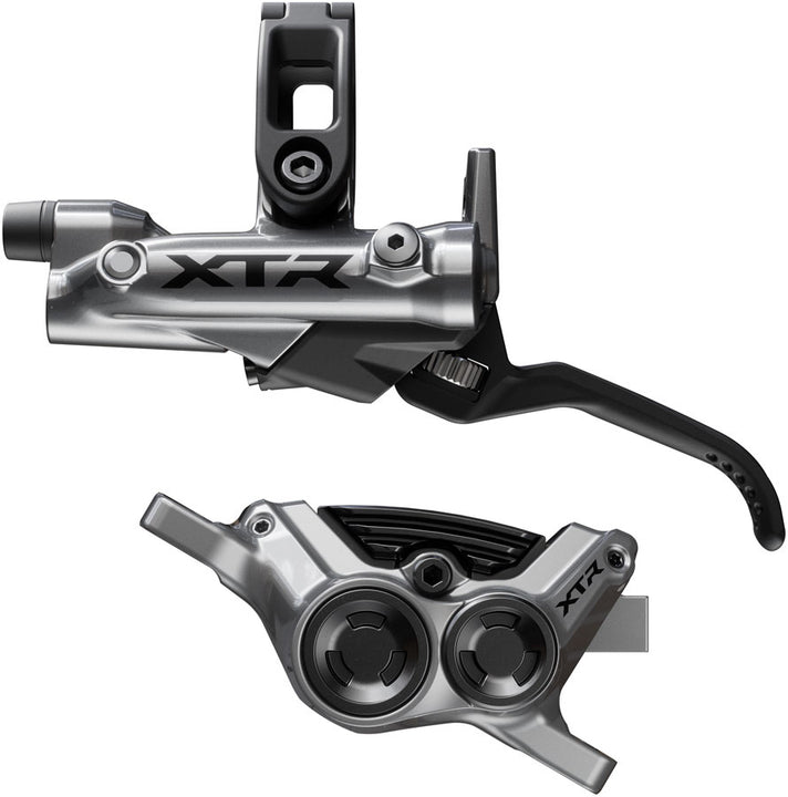 Maneta de freno de disco Shimano XTR M9220 Enduro (izquierda/delantera), montaje en poste, pinza de 4 pistones, SM-BH90-SBM, manguera, pastillas metálicas con aletas, color gris