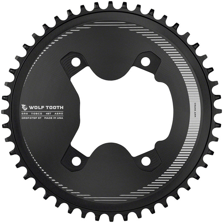Plato Wolf Tooth Aero 110 BCD asimétrico - 46 dientes, 110 BCD asimétrico, 4 tornillos, Drop-Stop ST para Shimano GRX Serie 800, negro