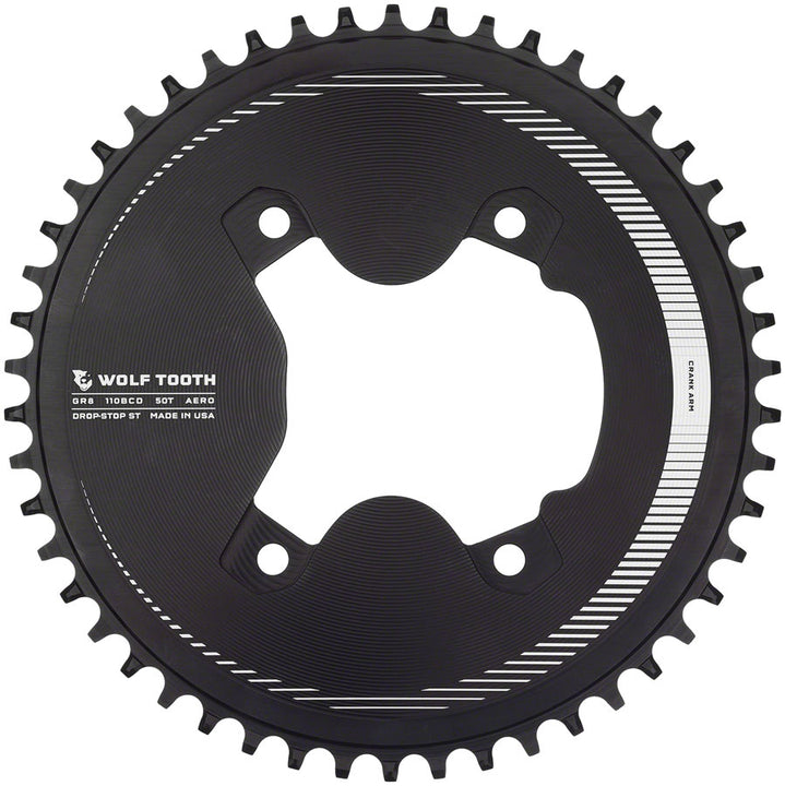 Plato Wolf Tooth Aero 110 BCD asimétrico - 50 dientes, 110 BCD asimétrico, 4 tornillos, Drop-Stop ST para Shimano GRX Serie 800, negro
