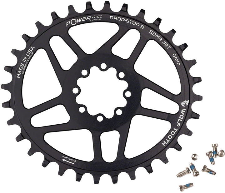 Plato elíptico de montaje directo Wolf Tooth - 32 dientes SRAM Direct Mount Drop-Stop B para bielas SRAM de 8 tornillos, desplazamiento de 0 mm, negro
