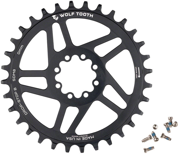Plato Wolf Tooth de montaje directo - 32 dientes SRAM de montaje directo Drop-Stop B para bielas SRAM de 8 tornillos, desplazamiento de 0 mm, negro
