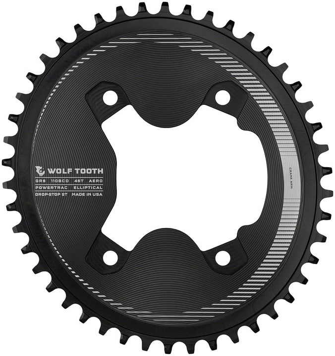 Plato elíptico Wolf Tooth Aero 110 BCD asimétrico - 46 dientes, 110 BCD asimétrico, 4 tornillos, Drop-Stop ST para Shimano GRX Serie 800, negro