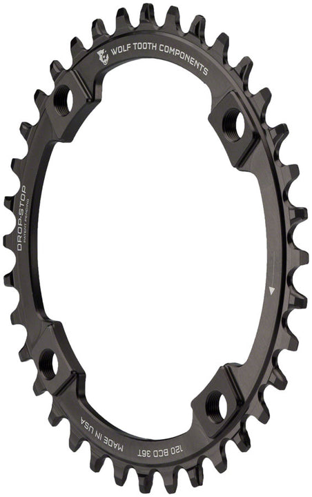Plato Wolf Tooth 120 BCD - 36 dientes, 120 BCD, 4 tornillos, tope de caída, negro