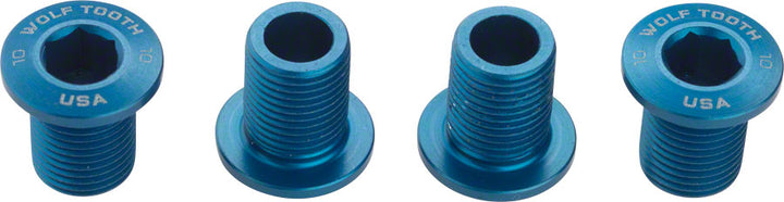Juego de tornillos para plato Wolf Tooth de 104 x 30 dientes, 10 mm de largo, 4 piezas, color azul