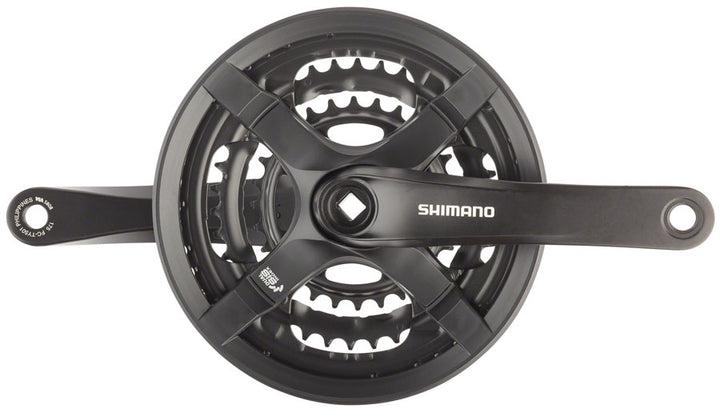Juego de bielas Shimano Tourney FC-TY501 (175 mm, 6/7/8 velocidades, 48/38/28 dientes, cono cuadrado remachado, interfaz de eje JIS, negro)