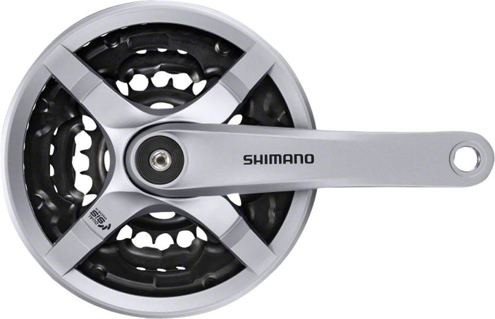 Juego de bielas Shimano Tourney FC-TY501 (170 mm, 6/7/8 velocidades, 42/34/24 dientes, cono cuadrado remachado, interfaz de eje JIS, color plateado)