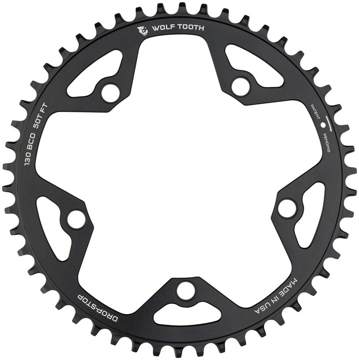 Wolf Tooth 130 BCD Road Cyclocross Chainring - 52t 130 BCD 5-Bolt Drop-Stop 10/11/12-Speed Eagle Flattop Compatible - Black