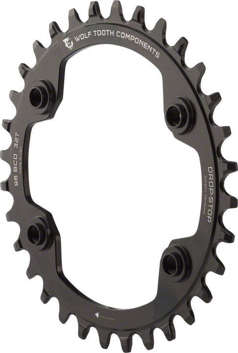 Plato Wolf Tooth 96 BCD - 32 dientes, 96 BCD asimétrico, 4 tornillos, tope de caída para bielas Shimano XTR M9000 M9020, color negro