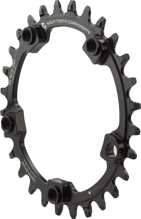 Plato Wolf Tooth 94 BCD - 28 dientes, 94 BCD, 5 tornillos, tope de caída, negro