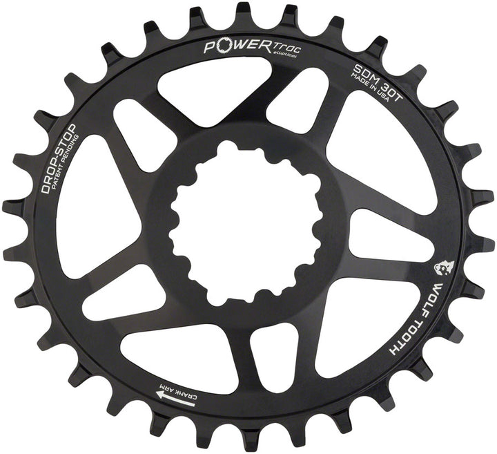 Plato elíptico Wolf Tooth de montaje directo - 30 dientes SRAM de montaje directo con tope de caída para bielas SRAM de 3 tornillos, desplazamiento de 6 mm, color negro