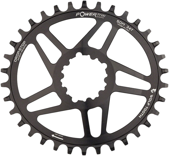 Plato elíptico Wolf Tooth de montaje directo - 34 dientes, SRAM de montaje directo, Drop-Stop para bielas SRAM de 3 tornillos, desplazamiento de 6 mm, negro