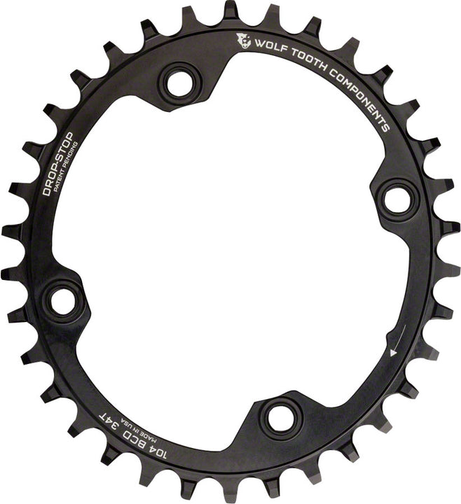 Plato elíptico Wolf Tooth 104 BCD - 36 dientes, 104 BCD, 4 tornillos, tope de caída, A BLK