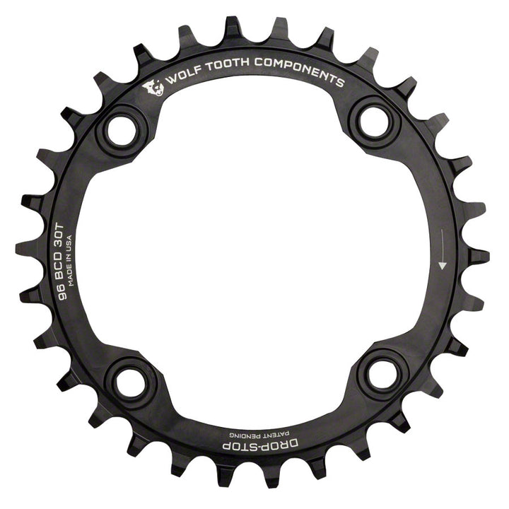 Plato Wolf Tooth 96 BCD simétrico - 32 dientes, 96 BCD, 4 tornillos, tope de caída para bielas Shimano (negro)