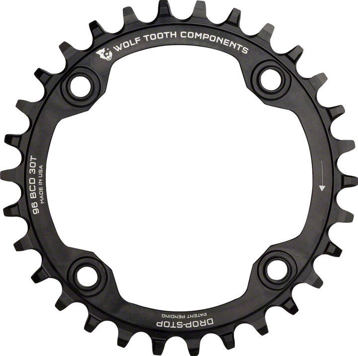 Plato Wolf Tooth 96 BCD simétrico - 34 dientes, 96 BCD, 4 tornillos, tope de caída para bielas Shimano (negro)