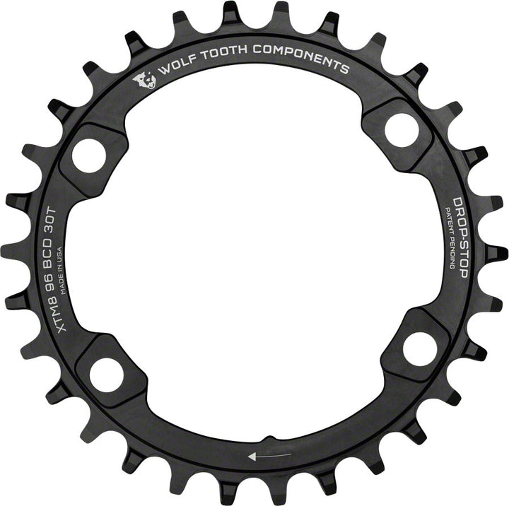 Plato Wolf Tooth 96 BCD - 30 dientes, 96 BCD asimétrico, 4 tornillos, tope de caída para bielas Shimano XT M8000 SLX M7000 (negro)