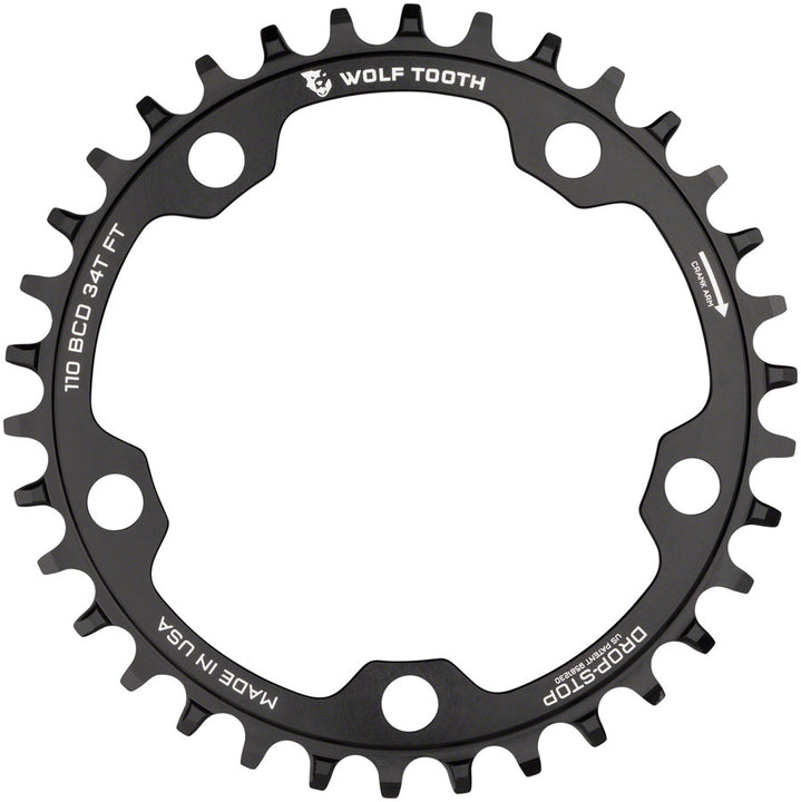Wolf Tooth 110 BCD Cyclocross Road Chainring - 34t 110 BCD 5-Bolt Drop-Stop 10/11/12-Speed Eagle Flattop Compatible - Black