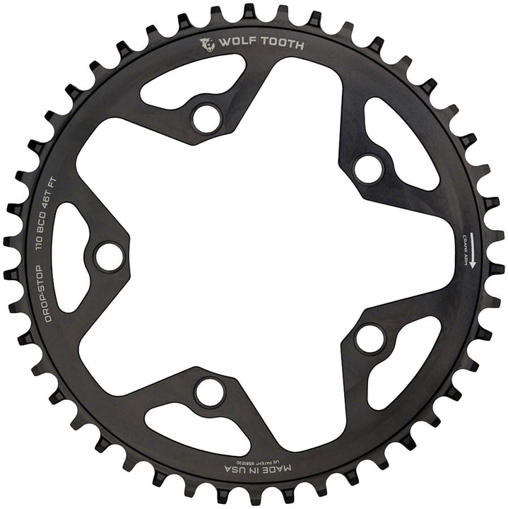 Wolf Tooth 110 BCD Cyclocross Road Chainring - 36t 110 BCD 5-Bolt Drop-Stop 10/11/12-Speed Eagle Flattop Compatible - Black