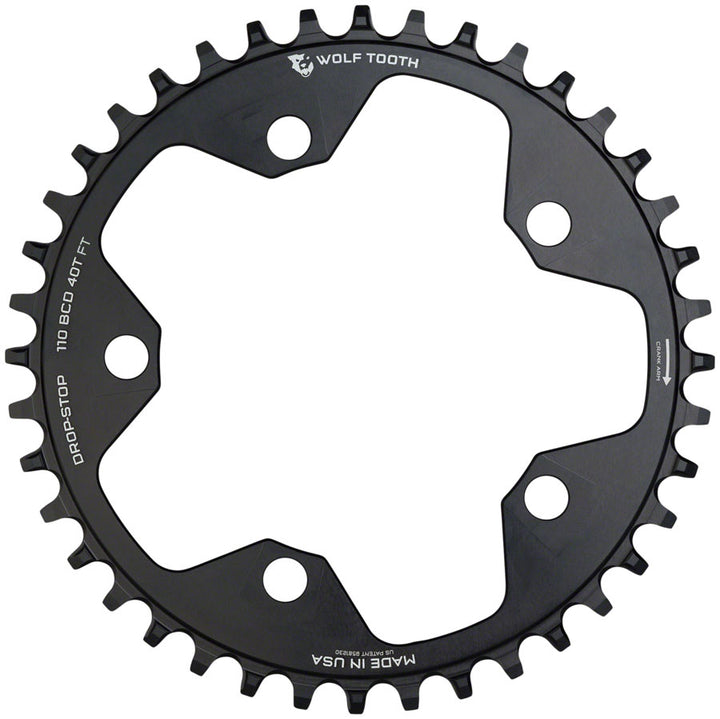 Plato Wolf Tooth para ciclocross de carretera (110 BCD, 38 dientes, 110 BCD, 5 tornillos, tope abatible, 10/11/12 velocidades, compatible con Eagle Flattop), color negro