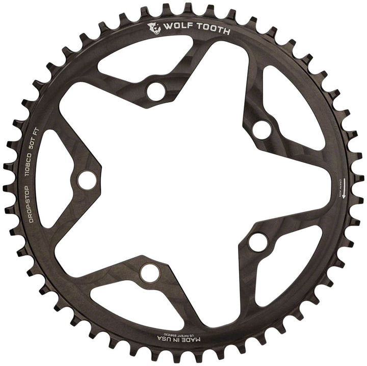 Plato Wolf Tooth para ciclocross de carretera (110 BCD, 50 dientes, 110 BCD, 5 tornillos, tope abatible, 10/11/12 velocidades, compatible con Eagle Flattop), color negro