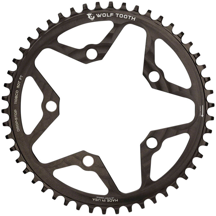 Plato Wolf Tooth para ciclocross de carretera (110 BCD) - 52 dientes, 110 BCD, 5 tornillos, tope abatible, 10/11/12 velocidades, compatible con Eagle Flattop, negro