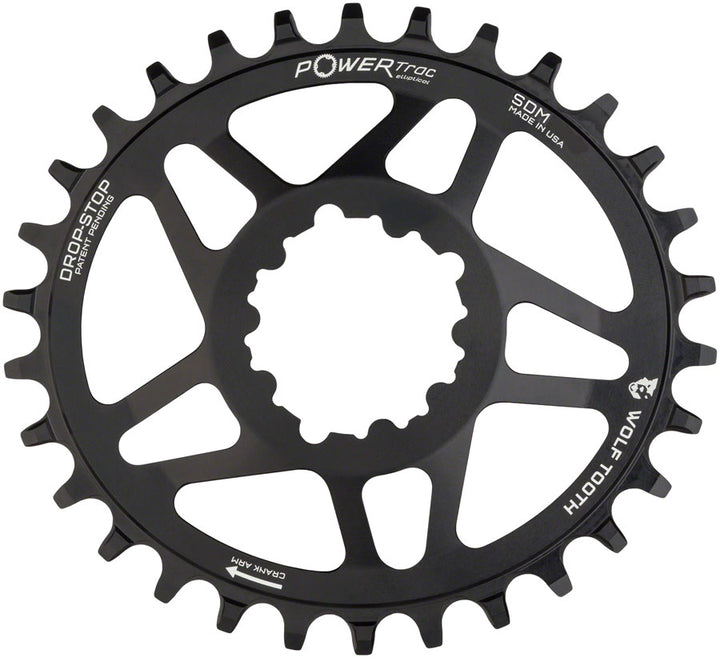 Plato elíptico Wolf Tooth de montaje directo - 28 dientes SRAM de montaje directo con tope de caída para bielas SRAM de 3 tornillos, desplazamiento de 6 mm, color negro