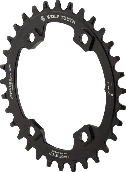 Plato elíptico Wolf Tooth 96 BCD - 32 dientes, 96 BCD asimétrico, 4 tornillos, tope de caída para bielas Shimano XT M8000 SLX M7000 (negro)
