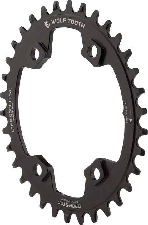 Plato elíptico Wolf Tooth 96 BCD - 34 dientes, 96 BCD asimétrico, 4 tornillos, tope de caída para bielas Shimano XT M8000 SLX M7000 (negro)