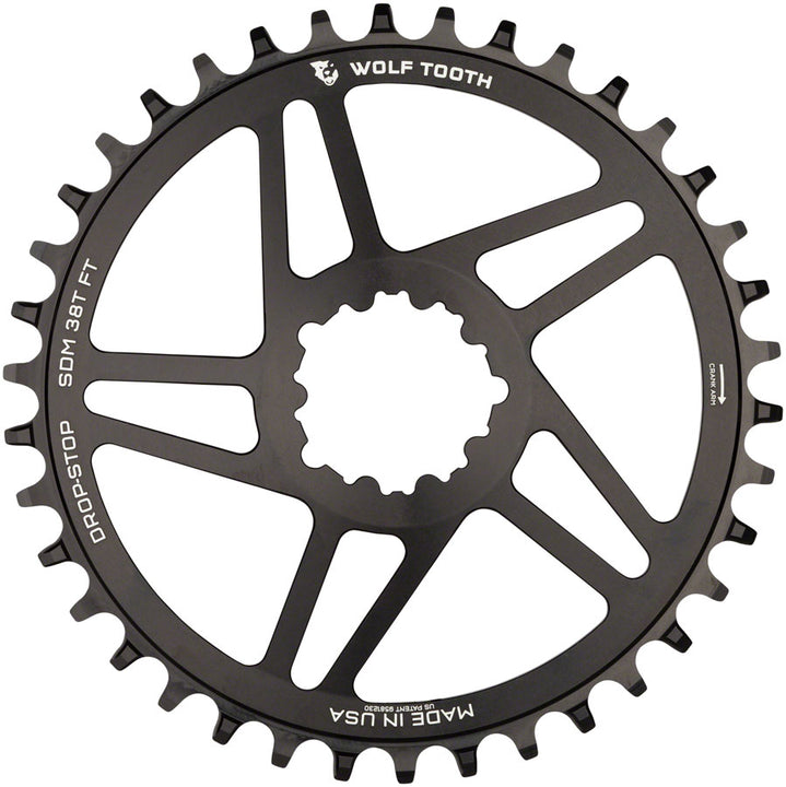 Plato Wolf Tooth de montaje directo - 38 dientes, montaje directo SRAM para SRAM, 3 tornillos, desplazamiento de 6 mm, Drop-Stop B, compatible con Flattop, negro