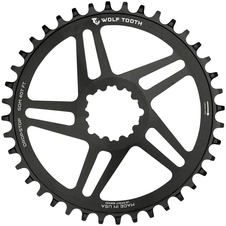 Plato de montaje directo Wolf Tooth - 40 dientes SRAM de montaje directo para SRAM, 3 tornillos, 6 mm de desplazamiento, Drop-Stop B, compatible con Flattop, negro