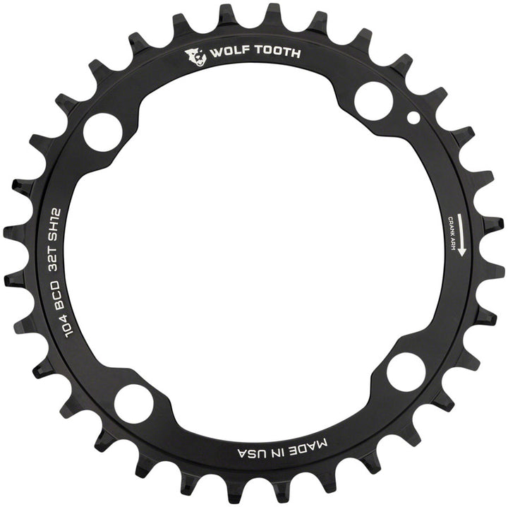 Plato Wolf Tooth 104 BCD - 32 dientes, 104 BCD, 4 tornillos. Requiere cadena Shimano Hyperglide+ de 12 velocidades, color negro.