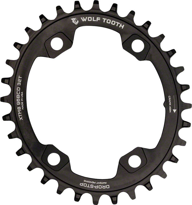 Plato elíptico Wolf Tooth 96 BCD - 32 dientes, 96 BCD asimétrico, 4 tornillos, tope de caída para bielas Shimano XTR M9000 M9020 (negro)