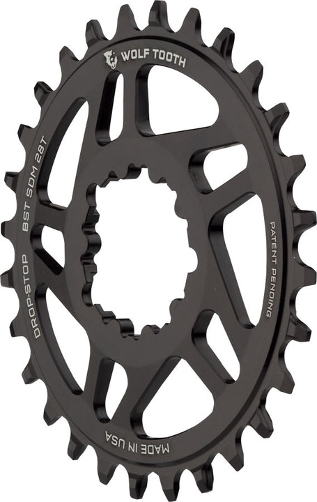 Plato de montaje directo Wolf Tooth - 28 dientes SRAM Direct Mount Drop-Stop A para bielas SRAM Boost de 3 tornillos, desplazamiento de 3 mm, color negro