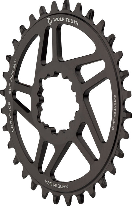 Plato de montaje directo Wolf Tooth - 34 dientes SRAM Direct Mount Drop-Stop A para bielas SRAM Boost de 3 tornillos, desplazamiento de 3 mm, color negro